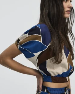 Cropped Short-Sleeve Boat-Neck Linen-Blend Top