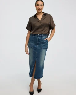 Denim Pencil Midi Skirt