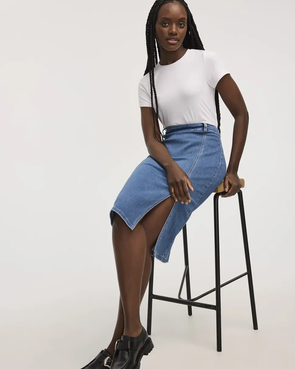 Denim Pull-On Midi Skirt