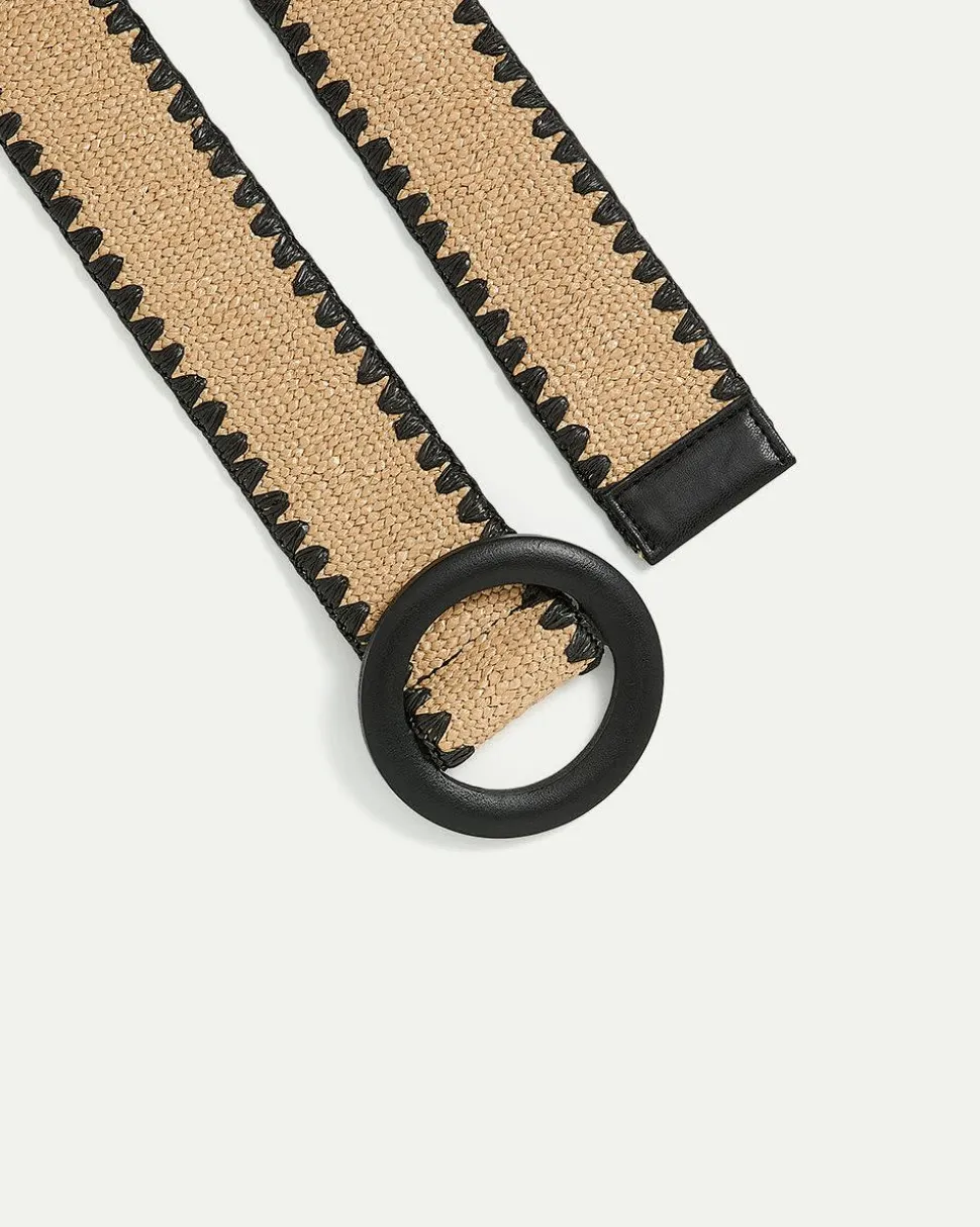Elastic Straw Belt with Round Wooden Buckle