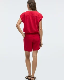 Extended-Sleeve Crew-Neck Buttoned-Down Blouse