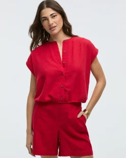 Extended-Sleeve Crew-Neck Buttoned-Down Blouse
