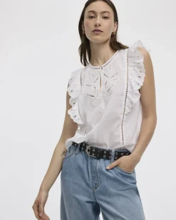 Extended-Sleeve Crew-Neck Blouse with Emboideries