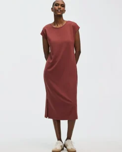 Extended-Sleeve Crew-Neck Midi Dress