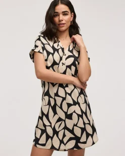 Extended-Sleeve Shift Dress with Split Neckline