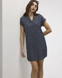 Extended-Sleeve Shift Dress with Split Neckline