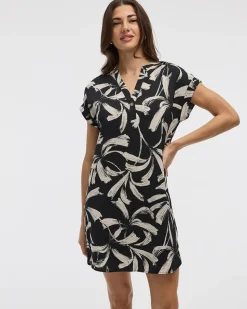 Extended-Sleeve Shift Dress with Split Neckline