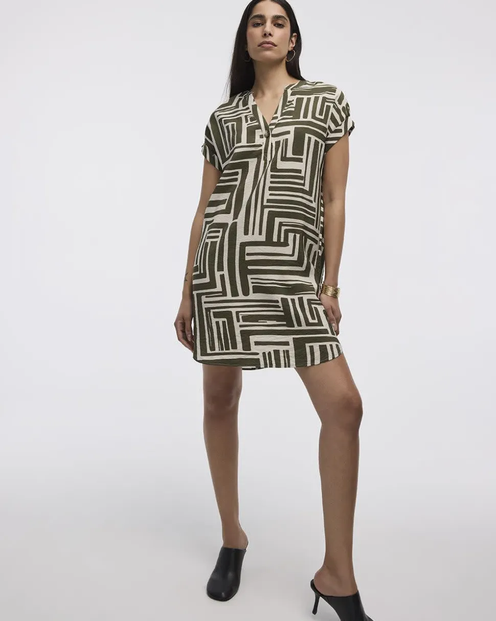 Extended-Sleeve Shift Dress with Split Neckline