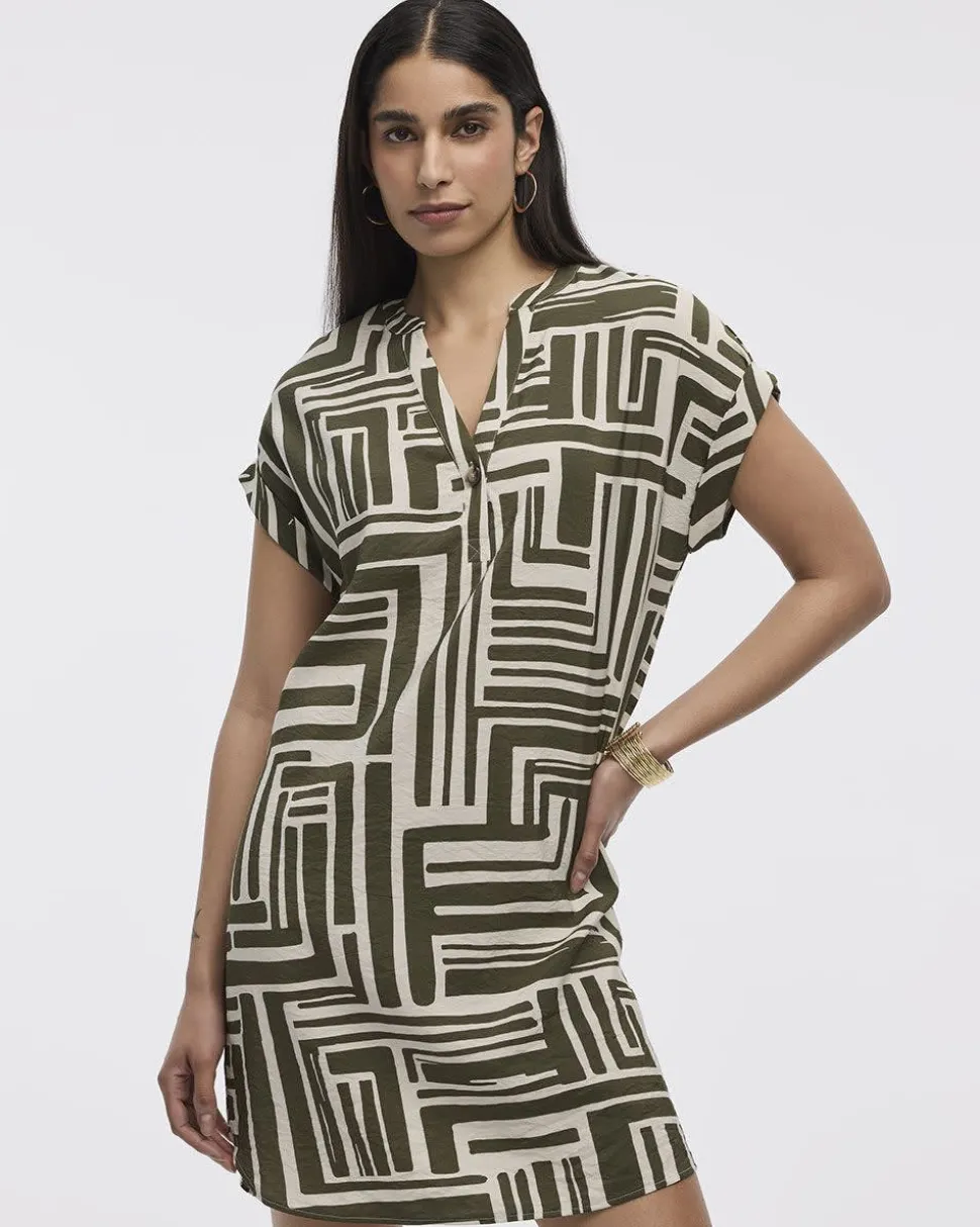 Extended-Sleeve Shift Dress with Split Neckline