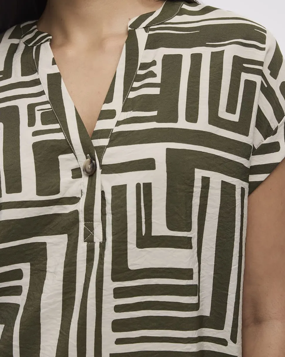 Extended-Sleeve Shift Dress with Split Neckline