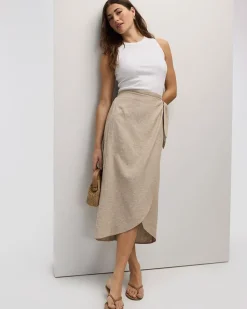 Linen-Blend Wrap Midi Skirt