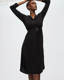 Long-Sleeve Split-Neck Satin Dress