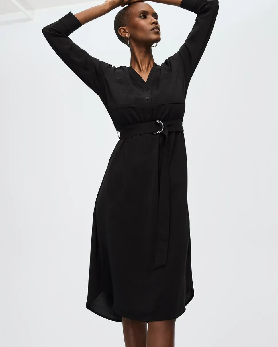 Long-Sleeve Split-Neck Satin Dress