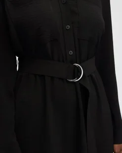 Long-Sleeve Split-Neck Satin Dress