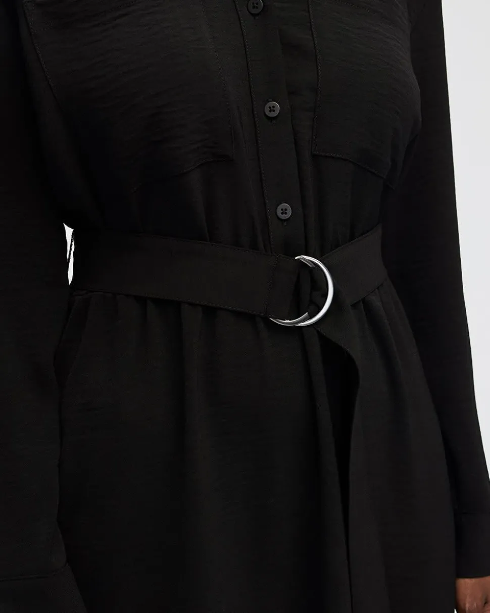 Long-Sleeve Split-Neck Satin Dress