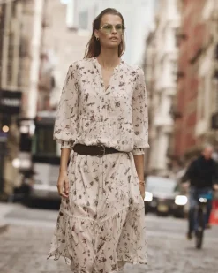 Long-Sleeve Split-Neck Tiered Dress with Pintucks