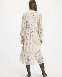 Long-Sleeve Split-Neck Tiered Dress with Pintucks