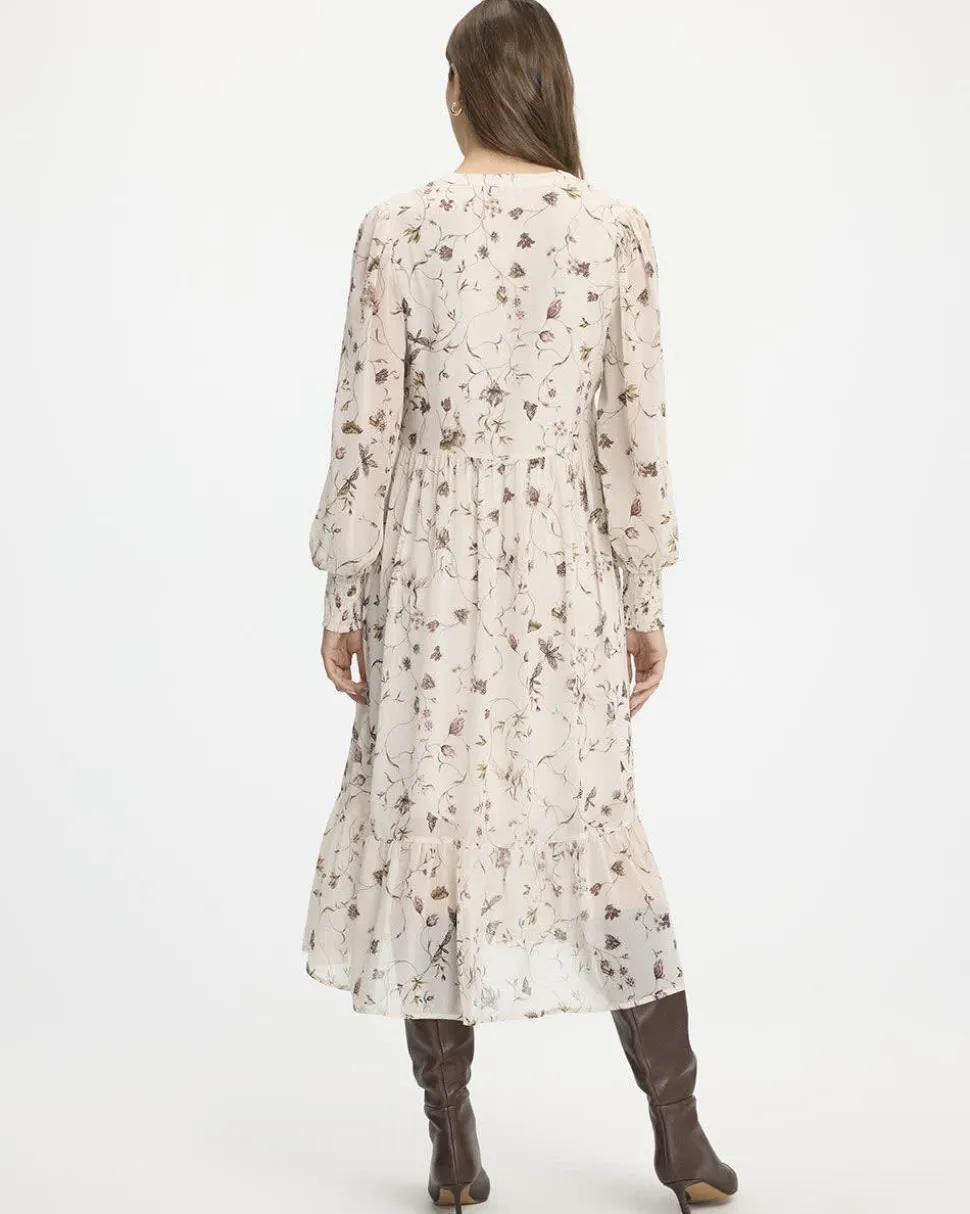 Long-Sleeve Split-Neck Tiered Dress with Pintucks