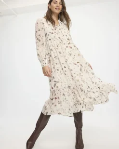 Long-Sleeve Split-Neck Tiered Dress with Pintucks