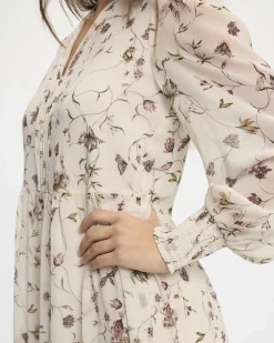 Long-Sleeve Split-Neck Tiered Dress with Pintucks