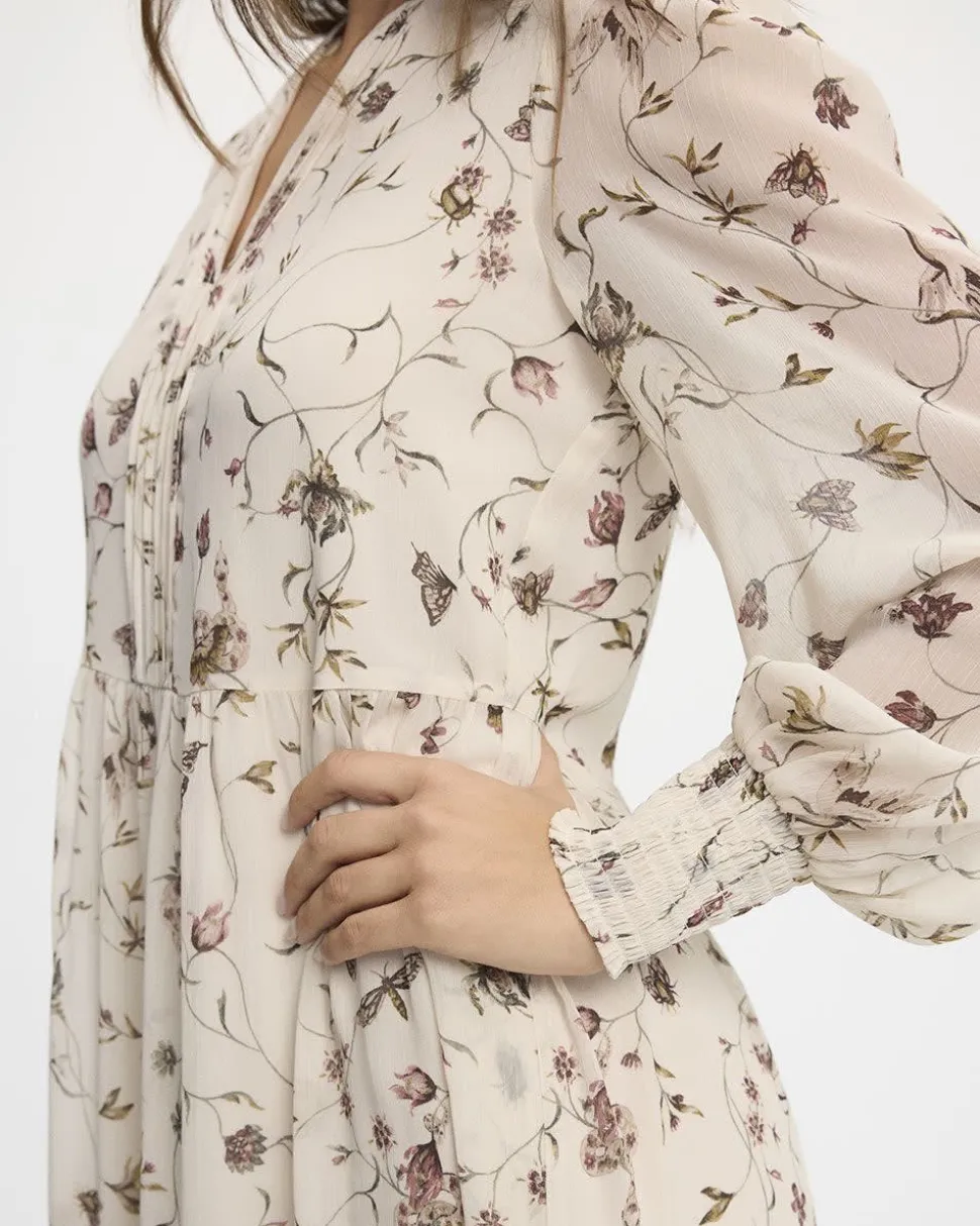 Long-Sleeve Split-Neck Tiered Dress with Pintucks