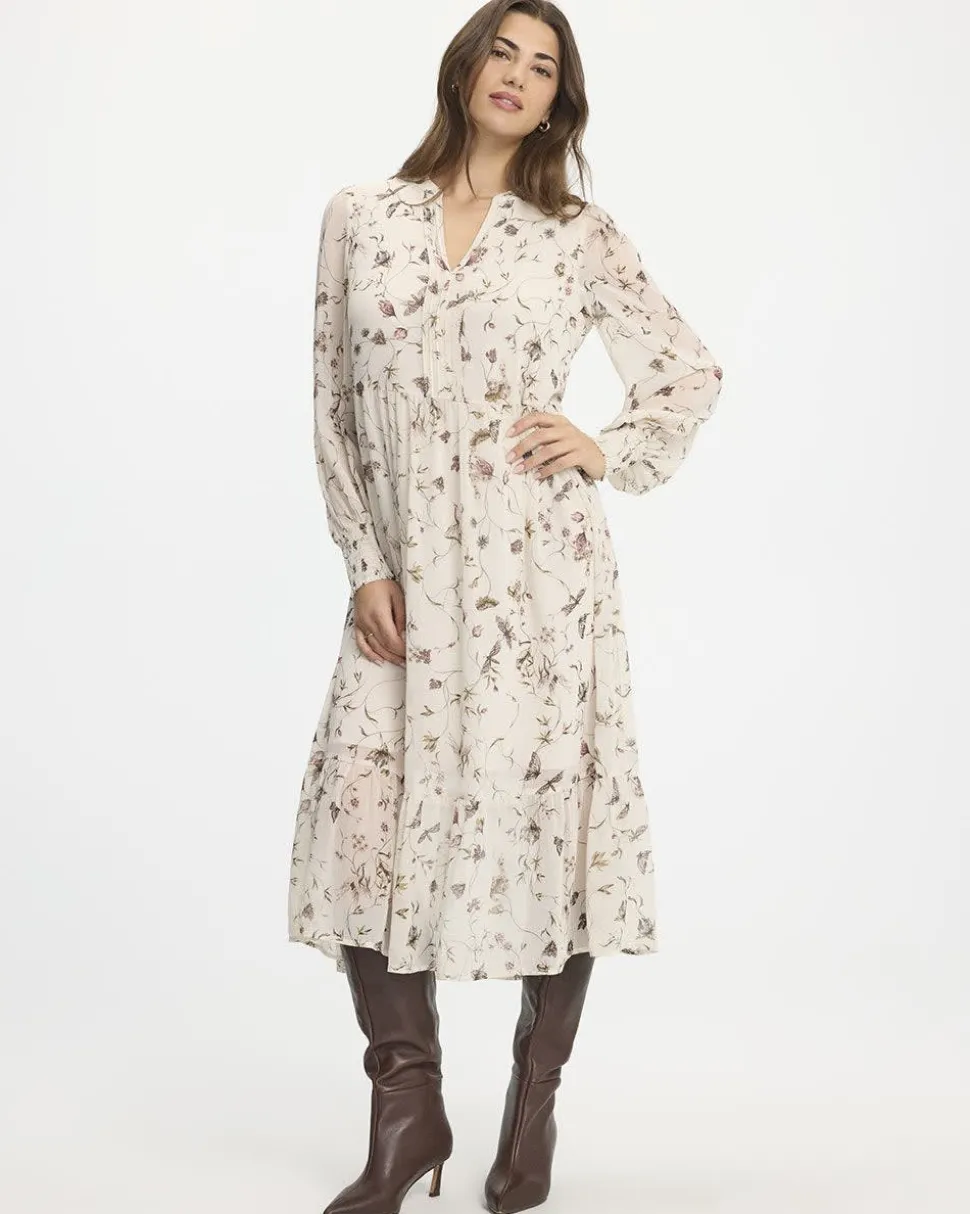 Long-Sleeve Split-Neck Tiered Dress with Pintucks