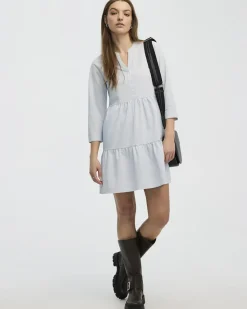 Long-Sleeve Split-Neck Tiered Dress