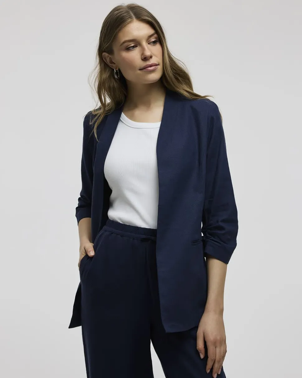 Open Linen Blazer with Ruched Sleeves