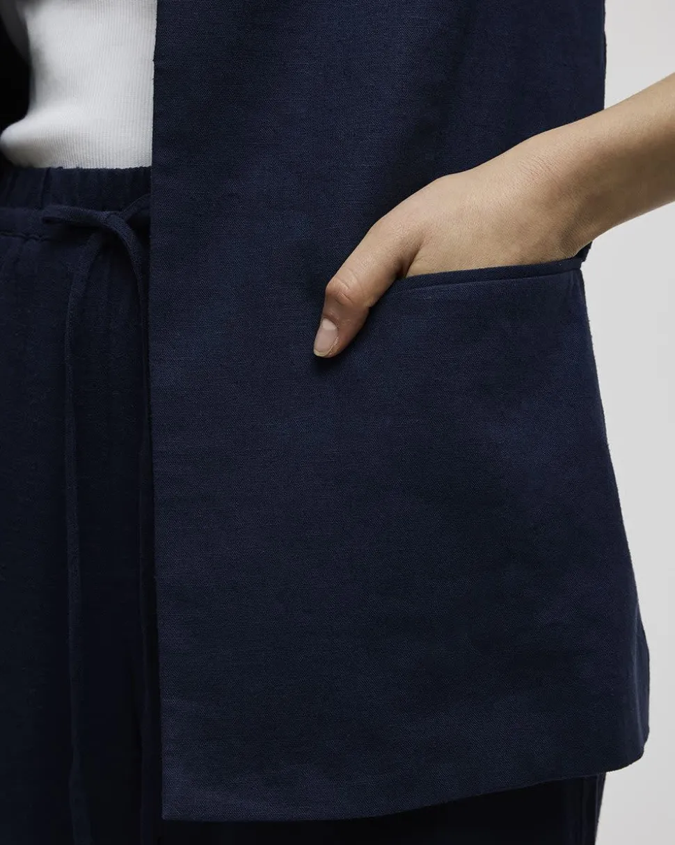 Open Linen Blazer with Ruched Sleeves