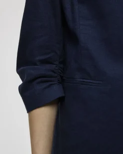 Open Linen Blazer with Ruched Sleeves