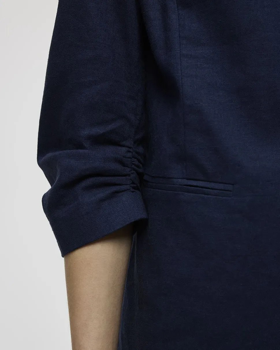 Open Linen Blazer with Ruched Sleeves