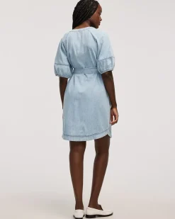 Short-Puffy-Sleeve Buttoned-Down Denim Dress