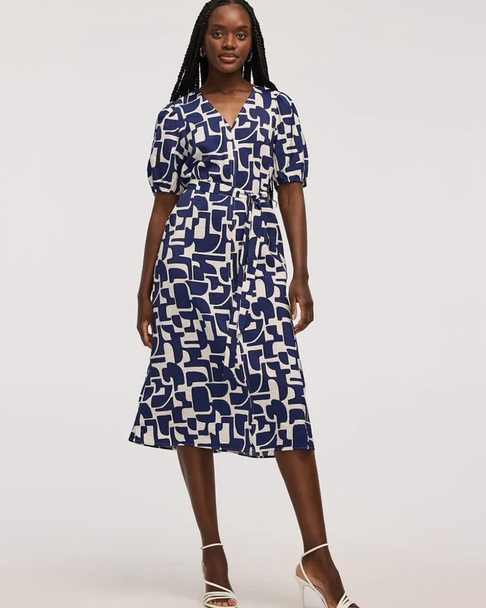 Short-Puffy-Sleeve V-Neck Midi Dress