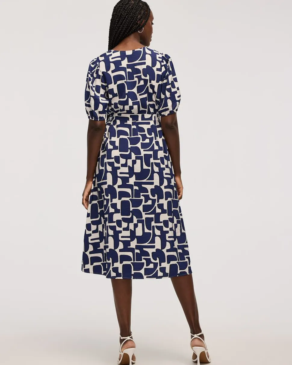 Short-Puffy-Sleeve V-Neck Midi Dress