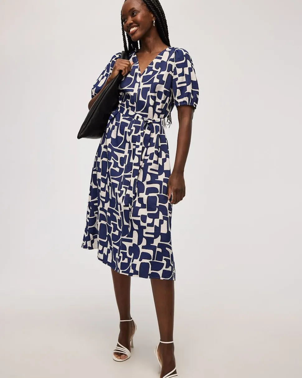 Short-Puffy-Sleeve V-Neck Midi Dress