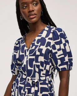 Short-Puffy-Sleeve V-Neck Midi Dress