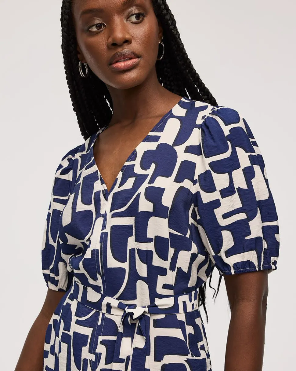 Short-Puffy-Sleeve V-Neck Midi Dress