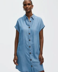 Short-Sleeve Buttoned-Down Dress with Shirt Collar