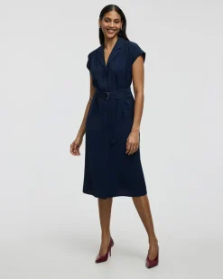 Short-Sleeve Buttoned-Down Midi Dress with Tailored Collar