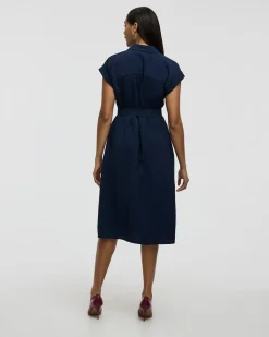 Short-Sleeve Buttoned-Down Midi Dress with Tailored Collar