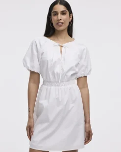 Short-Sleeve Fit-and-Flare Dress with Self-Tie Details at Neckline