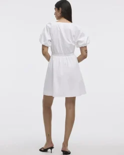 Short-Sleeve Fit-and-Flare Dress with Self-Tie Details at Neckline