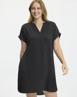 Short-Sleeve Loose Dress with Split Neckline