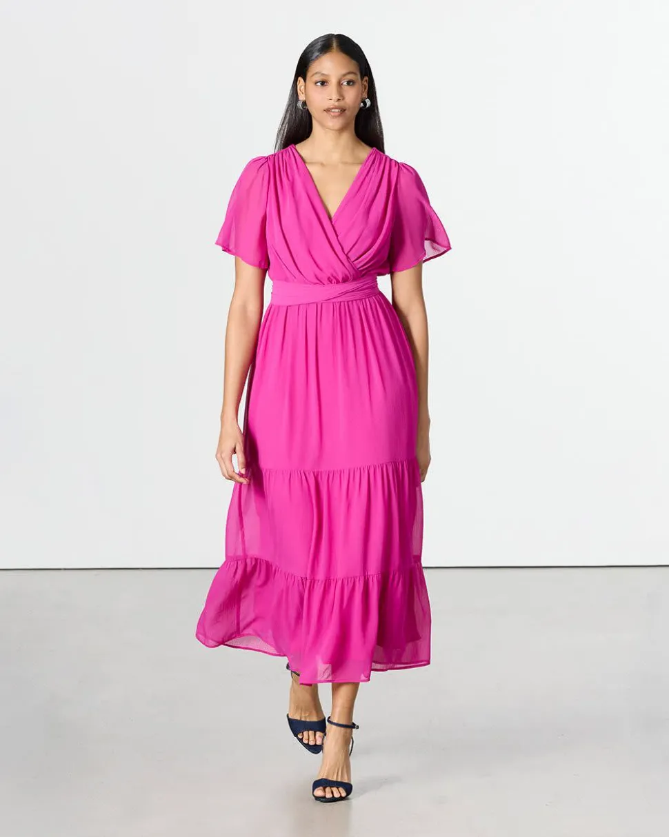 Short-Sleeve Tiered Maxi Dress with V Neckline
