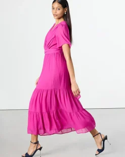 Short-Sleeve Tiered Maxi Dress with V Neckline
