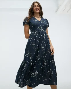 Short-Sleeve V-Neck Buttoned-Down Maxi Dress