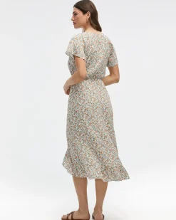 Short-Sleeve V-Neck Midi Dress with High-Low Hem