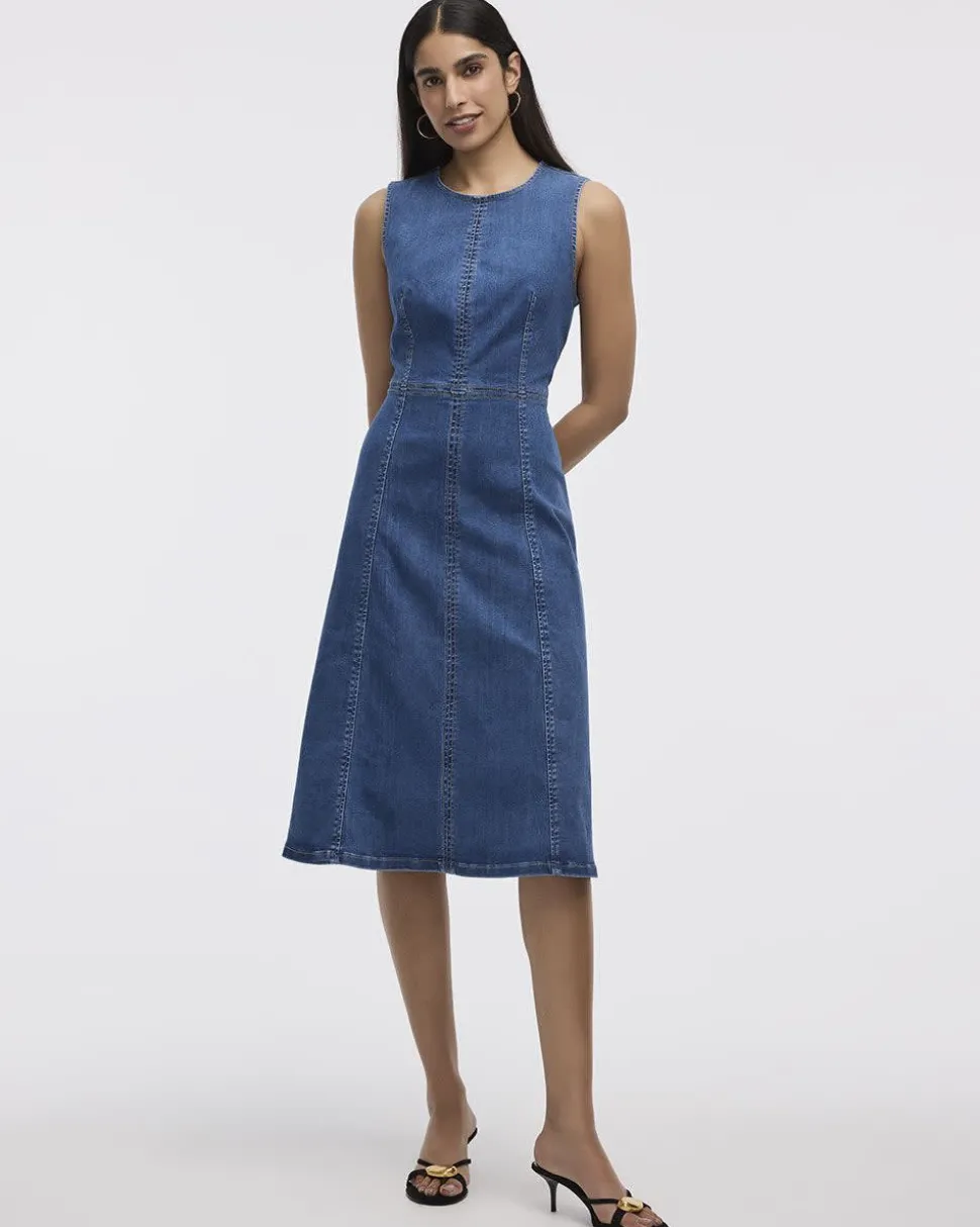 Sleeveless Fit-and-Flare Denim Midi Dress