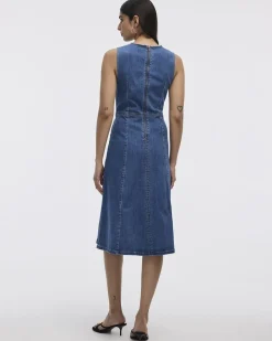 Sleeveless Fit-and-Flare Denim Midi Dress