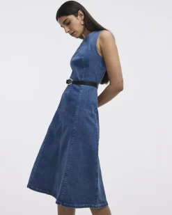 Sleeveless Fit-and-Flare Denim Midi Dress